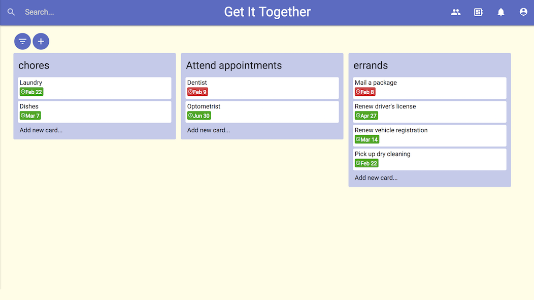 A project management app depicting a board with three tasks lists, with task cards within each list.