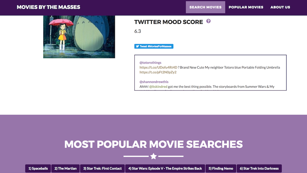 a movies app that depicts a search box and describes how the engine searches Twitter to create a rating