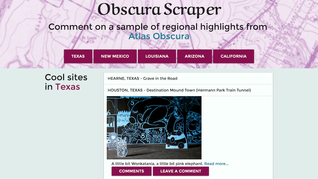 Obscura Scraper app, with buttons depicting place names to search